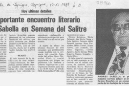 Importante encuentro literario con Sabella en semana del salitre.