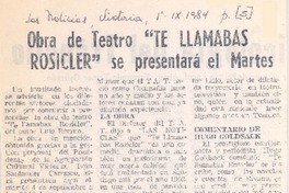 Obra de teatro "Te llamabas Rosicler" se presentará el martes. Obra de teatro "Te llamabas Rosicler" se presentará el martes.