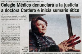 Colegio Médico denunciará a la justicia a doctora Cordero e inicia sumario ético Colegio Médico denunciará a la justicia a doctora Cordero e inicia sumario ético