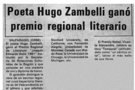 Poeta Hugo Zambelli ganó premio regional literario. Poeta Hugo Zambelli ganó premio regional literario.
