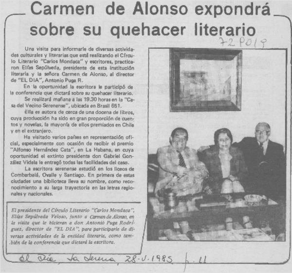 Carmen de Alonso expondrá sobre su quehacer literario.