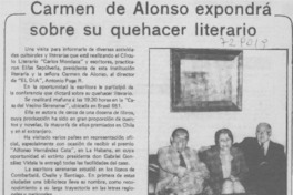Carmen de Alonso expondrá sobre su quehacer literario. Carmen de Alonso expondrá sobre su quehacer literario.