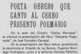 Poeta obrero que cantó al cerro presentó poemario. Poeta obrero que cantó al cerro presentó poemario.