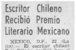 Escritor chileno recibió Premio Literario Mexicano. Escritor chileno recibió Premio Literario Mexicano.