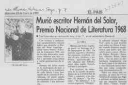 Murió escritor Hernán del Solar, Premio Nacional de Literatura 1968. Murió escritor Hernán del Solar, Premio Nacional de Literatura 1968.