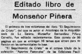 Editado libro de Monseñor Piñera. Editado libro de Monseñor Piñera.