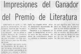 Impresiones del ganador del Premio de Literatura. Impresiones del ganador del Premio de Literatura.