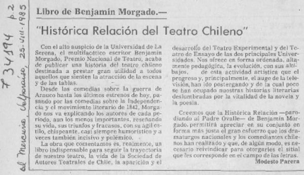 Histórica relación del teatro chileno"