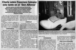 Charla sobre Francisco Coloane esta tarde en el "Don Alfonso". Charla sobre Francisco Coloane esta tarde en el "Don Alfonso".