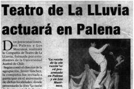 Teatro de La Lluvia actuará en Palena Teatro de La Lluvia actuará en Palena