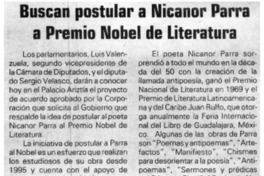 Buscan postular a Nicanor Parra a Premio Nobel de Literatura Buscan postular a Nicanor Parra a Premio Nobel de Literatura