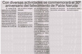 Con diversas actividades se conmemorará el 30° aniversario del fallecimiento de Pablo Neruda Con diversas actividades se conmemorará el 30° aniversario del fallecimiento de Pablo Neruda
