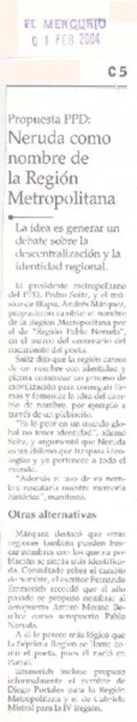 Neruda como nombre de la Región Metropolitana.