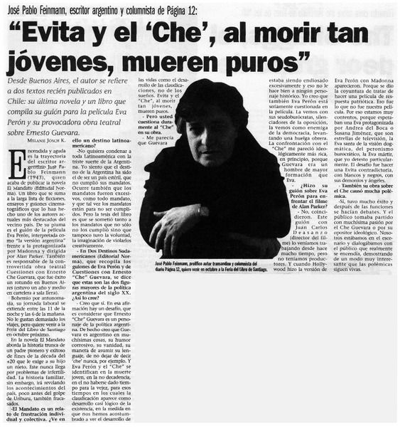 "Evita y el "Che", al morir tan jóvenes, Mueren puros"