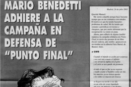 Mario Benedetti adhiere a la campaña en defensa de "Punto Final".