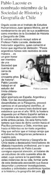 Pablo lacoste es nombrado miembro de la Sociedad de Historia y Geografía de Chile.