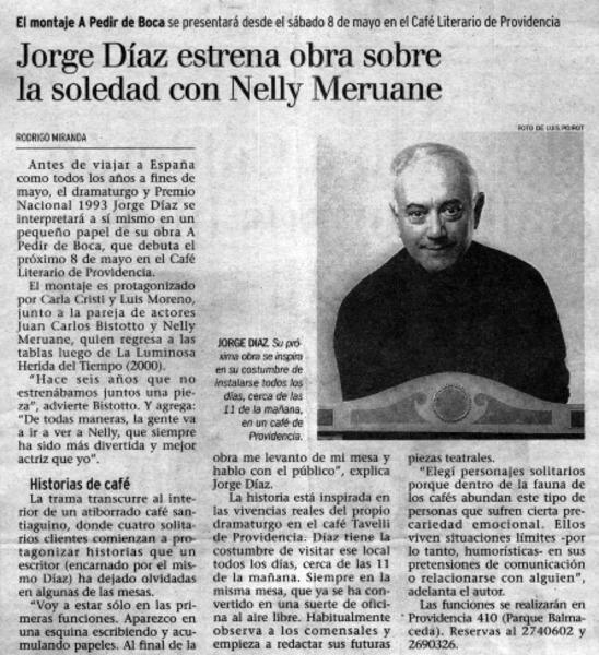 Jorge Díaz estrena obra sobre la soledad con Nelly Meruane