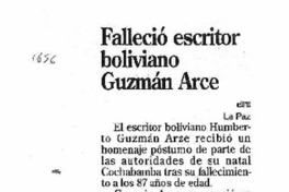 Falleció escritor boliviano Gúzman Arce. Falleció escritor boliviano Gúzman Arce.