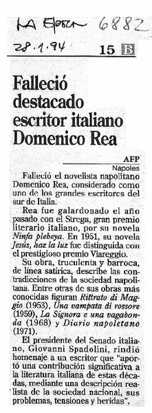 Falleció destacado escritor italiano Domenico Rea.