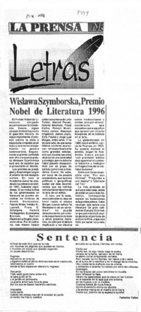 Wislawa Szymborska, Premio Nobel de Literatura 1996.