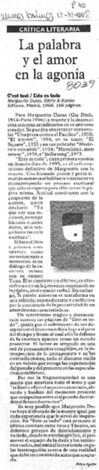 La palabra y el amor en la agonía La palabra y el amor en la agonía