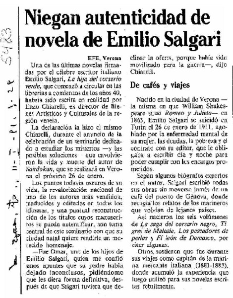 Niegan autenticidad de novela de Emilio Salgari