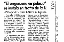 El vergonzoso en palacio" se instala en teatro de la U. El vergonzoso en palacio" se instala en teatro de la U.