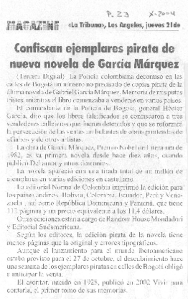 Confiscan ejemplares pirata de nueva novela de García Márquez