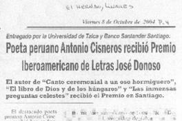 Poeta peruano Antonio Cisneros recibió Premio Iberoamericano de Letras José Donoso Poeta peruano Antonio Cisneros recibió Premio Iberoamericano de Letras José Donoso