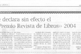 Se declara sin efecto el "Premio Revista de Libros" 2004 Se declara sin efecto el "Premio Revista de Libros" 2004