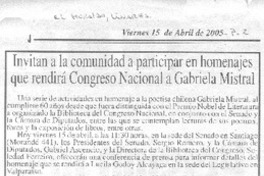 Invitana la comunidad a participar en homenajes que rendirá Congreso Nacional a Gabriela Mistral. Invitana la comunidad a participar en homenajes que rendirá Congreso Nacional a Gabriela Mistral.