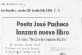 Poeta José Pacheco lanzará nuevo libro. Poeta José Pacheco lanzará nuevo libro.