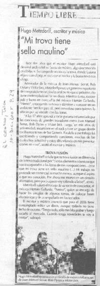 Hugo Metzdorff, escritor y músico "Mi trova tiene sello maulino".