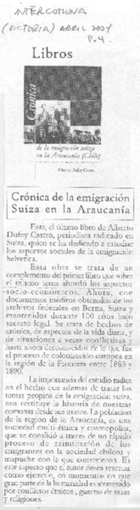 Crónica de la emigración Suiza en la Araucanía