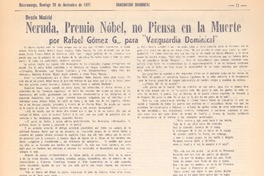 Neruda, Premio Nobel no piensa en la muerte (entrevista)