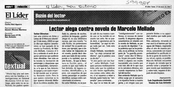 Lector alega contra novela de Marcelo Mellado  [artículo] Luis Sepulveda Guzmán