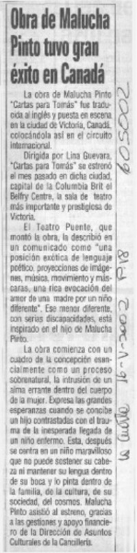 Obra de Malucha Pinto tuvo gran éxito en Canadá  [artículo]