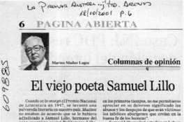El viejo poeta Samuel Lillo  [artículo] Marino Muñoz Lagos