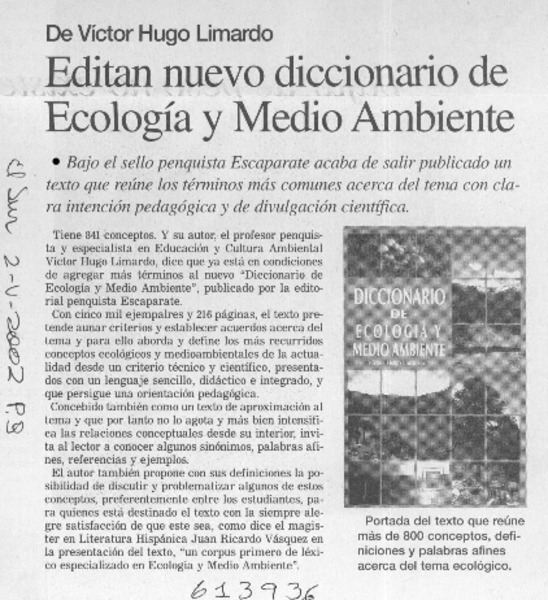 Editan nuevo Diccionario de ecología y medio ambiente [artículo] -  Biblioteca Nacional Digital de Chile