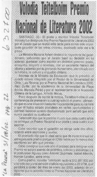 Volodia Teitelboim Premio Nacional de Literatura 2002  [artículo]