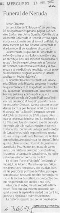 Funeral de Neruda  [artículo] Humberto Baroni López