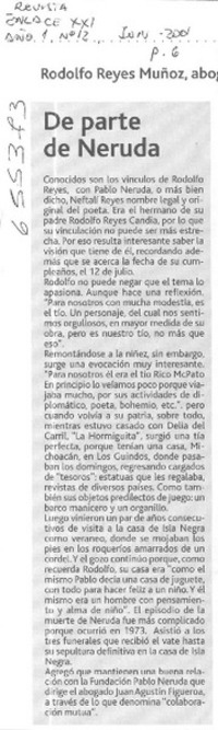 De parte de Neruda  [artículo] Rodolfo Reyes Muñoz