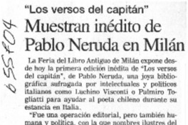 Muestran inédito de Pablo Neruda en Milán.  [artículo]