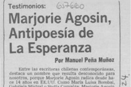 Marjorie Agosín, antipoesía de la esperanza Marjorie Agosín, antipoesía de la esperanza