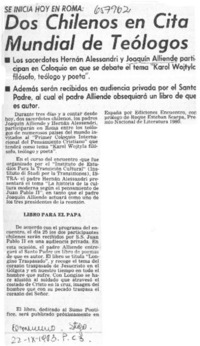 Dos chilenos en cita mundial de teólogos.  [artículo]