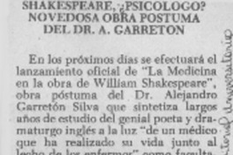 Shakespeare, ¿psicólogo? novedosa obra póstuma del Dr. a Garretón. Shakespeare, ¿psicólogo? novedosa obra póstuma del Dr. a Garretón.