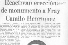 Reactivan erección de monumento a Fray Camilo Henríquez. Reactivan erección de monumento a Fray Camilo Henríquez.