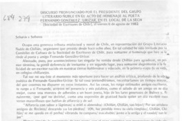 Discurso pronunciado por el presidente del grupo literario Ñuble en el acto de homenaje al poeta Fernando González Urízar