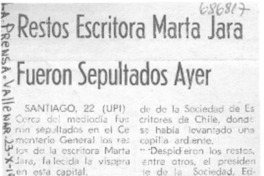 Restos escritora Marta Jara fueron sepultados ayer. Restos escritora Marta Jara fueron sepultados ayer.