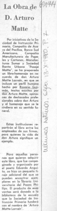La Obra de D. Arturo Matte. La Obra de D. Arturo Matte.